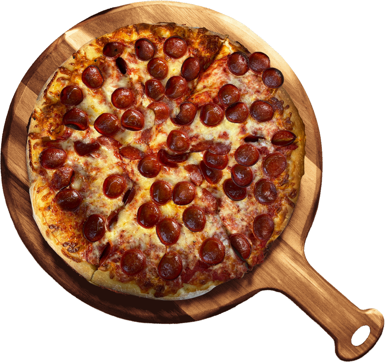 Bob & John's Pepperoni Pizza on a wooden paddle
